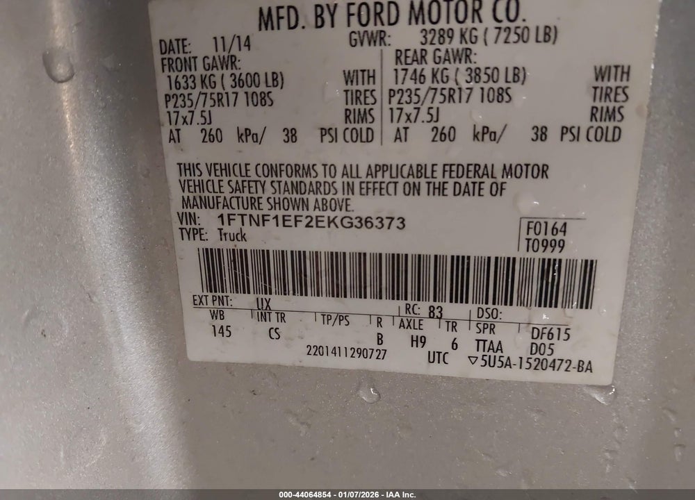 2014 FORD F-150 XL VIN: 1FTNF1EF2EKG36373