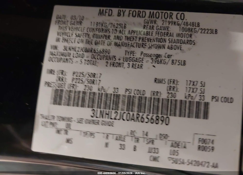 2010 LINCOLN MKZ VIN: 3LNHL2JC0AR656890