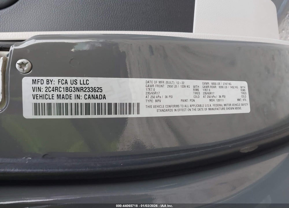 2022 CHRYSLER PACIFICA TOURING L VIN: 2C4RC1BG3NR233625