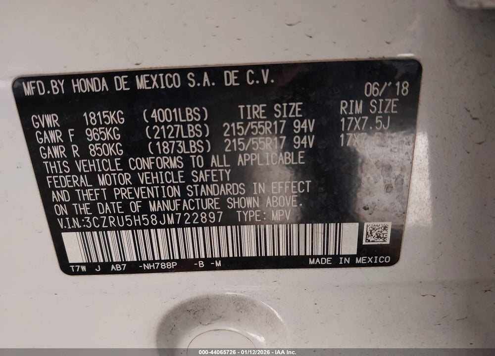 2018 HONDA HR-V EX VIN: 3CZRU5H58JM722897