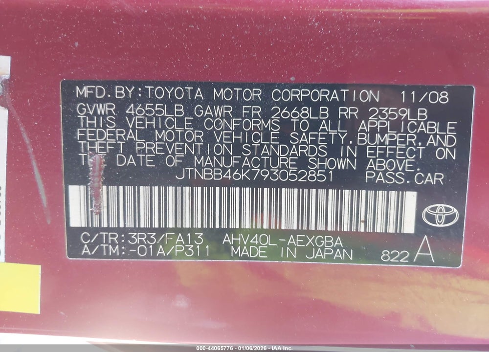 2009 TOYOTA CAMRY HYBRID VIN: JTNBB46K793052851