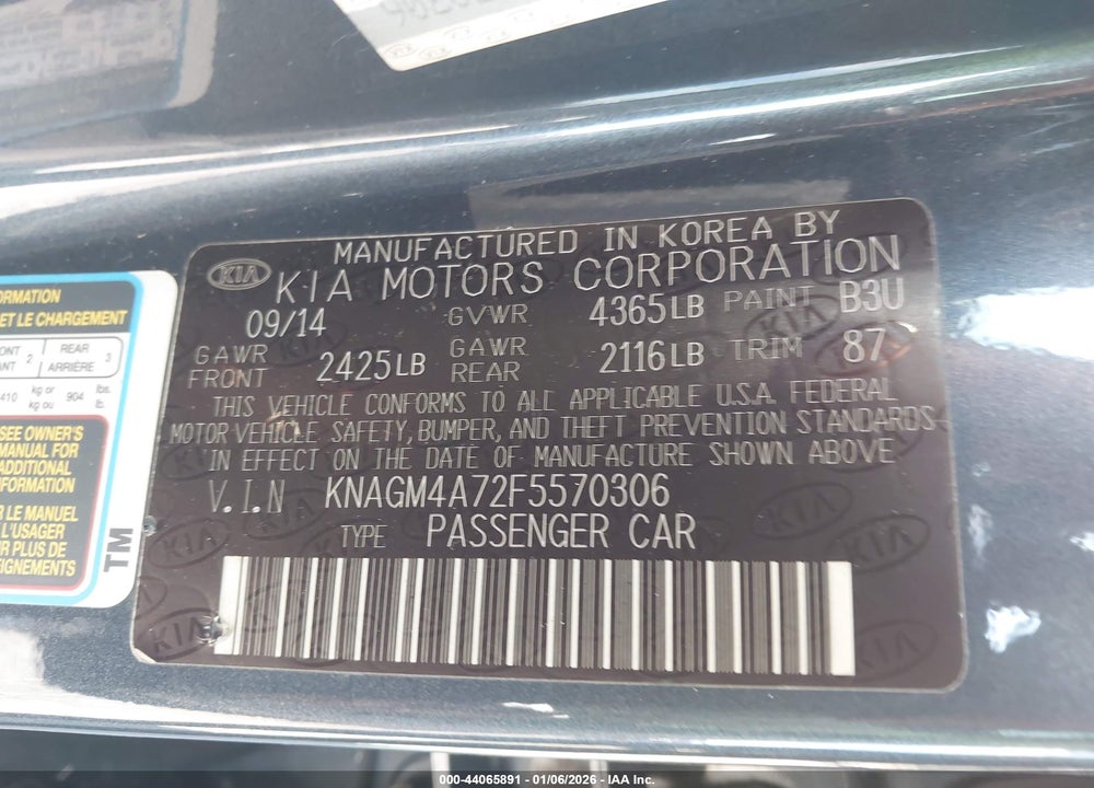 2015 KIA OPTIMA LX VIN: KNAGM4A72F5570306