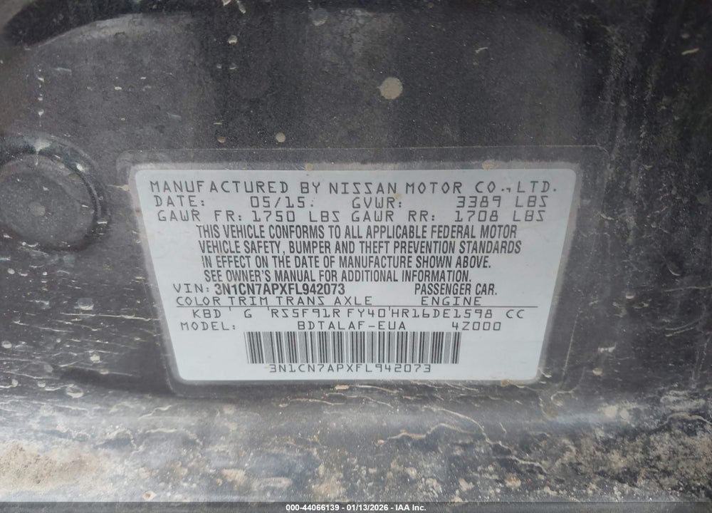 2015 NISSAN VERSA 1.6 S VIN: 3N1CN7APXFL942073