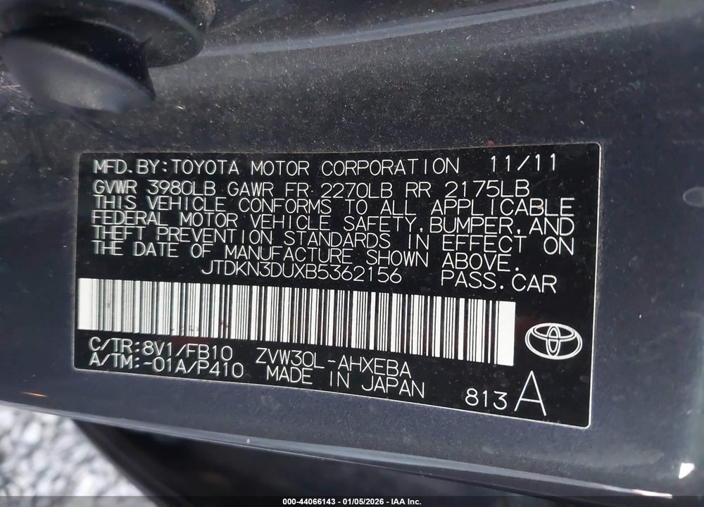 2011 TOYOTA PRIUS TWO VIN: JTDKN3DUXB5362156