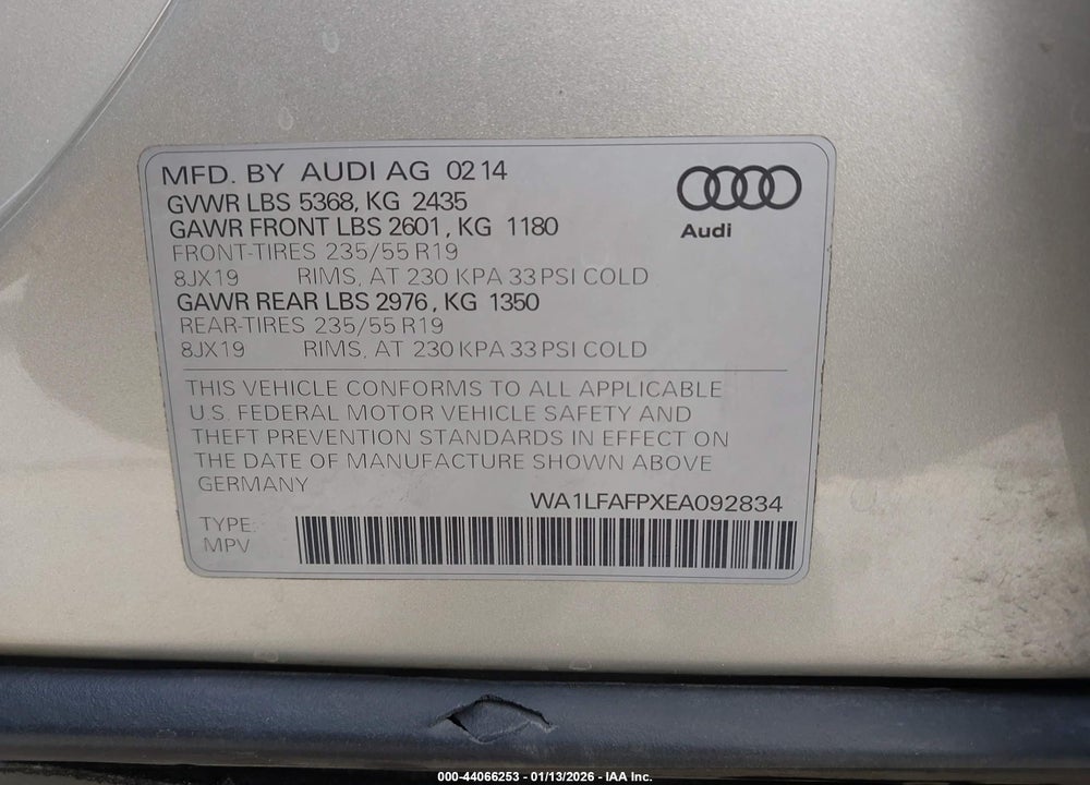 2014 AUDI Q5 2.0T PREMIUM VIN: WA1LFAFPXEA092834
