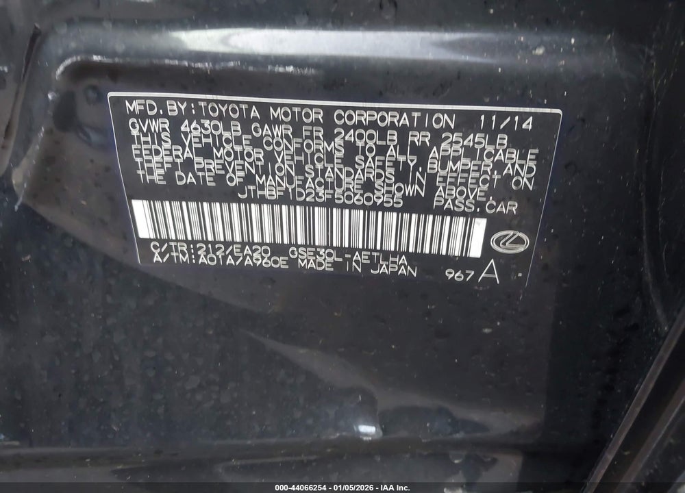 2015 LEXUS IS 250 VIN: JTHBF1D23F5060955