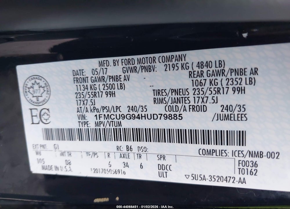 2017 FORD ESCAPE SE VIN: 1FMCU9G94HUD79885