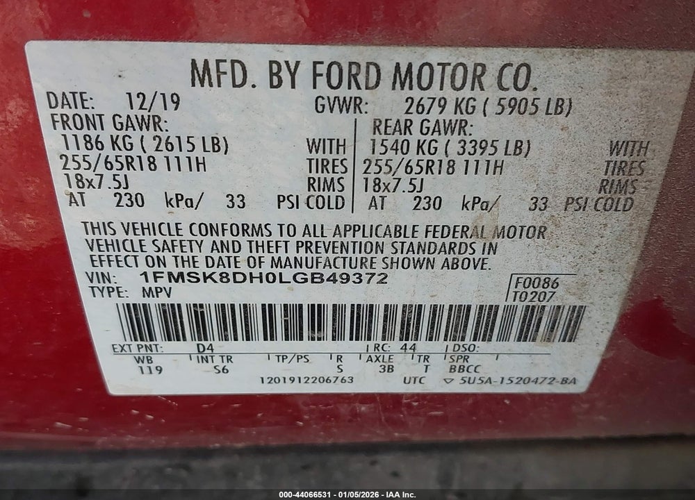 2020 FORD EXPLORER XLT VIN: 1FMSK8DH0LGB49372