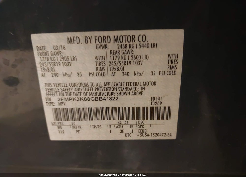 2016 FORD EDGE TITANIUM VIN: 2FMPK3K88GBB41822