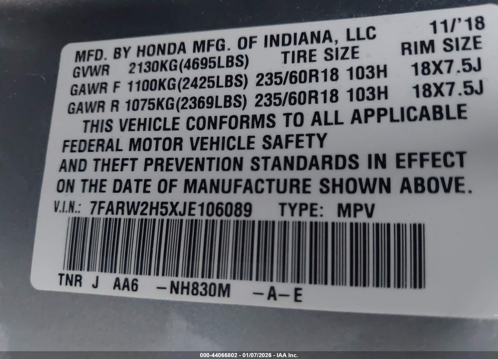 2018 HONDA CR-V EX VIN: 7FARW2H5XJE106089