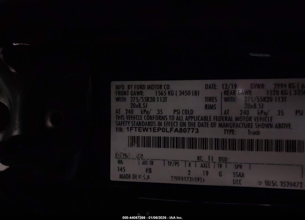 2020 FORD F-150 LARIAT VIN: 1FTEW1EP0LFA80773