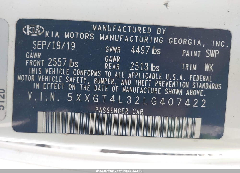 2020 KIA OPTIMA LX VIN: 5XXGT4L32LG407422