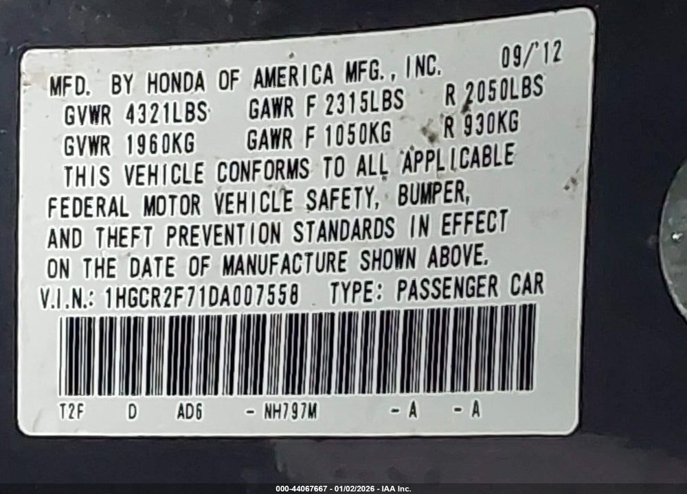 2013 HONDA ACCORD EX VIN: 1HGCR2F71DA007558