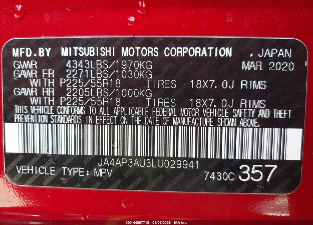 2020 MITSUBISHI OUTLANDER SPORT 2.0 BE/2.0 ES/2.0 SP VIN: JA4AP3AU3LU029941