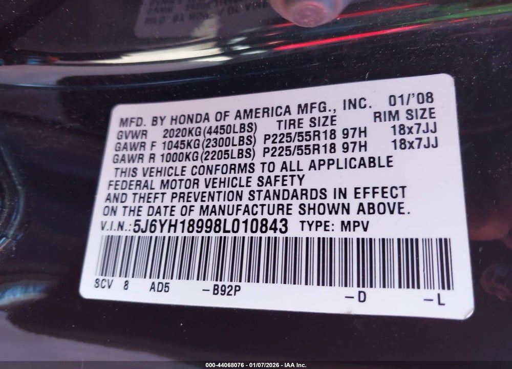 2008 HONDA ELEMENT SC VIN: 5J6YH18998L010843