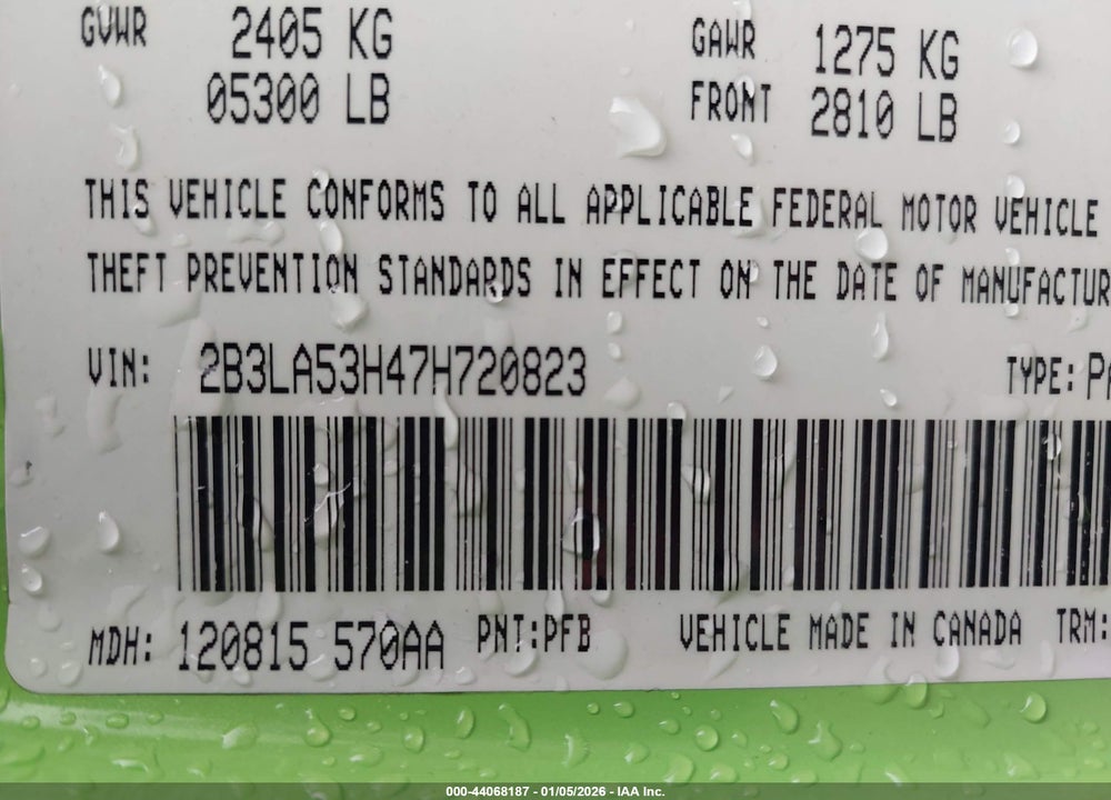 2007 DODGE CHARGER RT VIN: 2B3LA53H47H720823