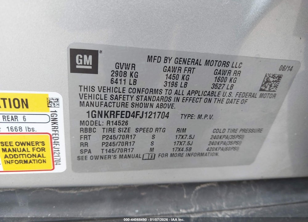 2015 CHEVROLET TRAVERSE LS VIN: 1GNKRFED4FJ121704