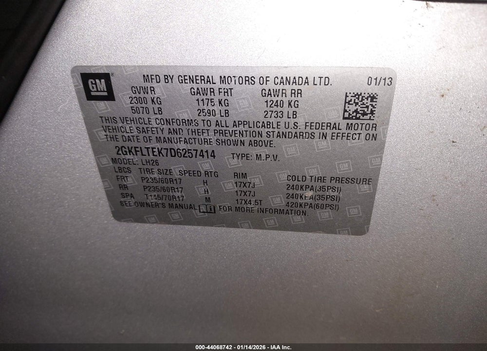 2013 GMC TERRAIN SLE-2 VIN: 2GKFLTEK7D6257414