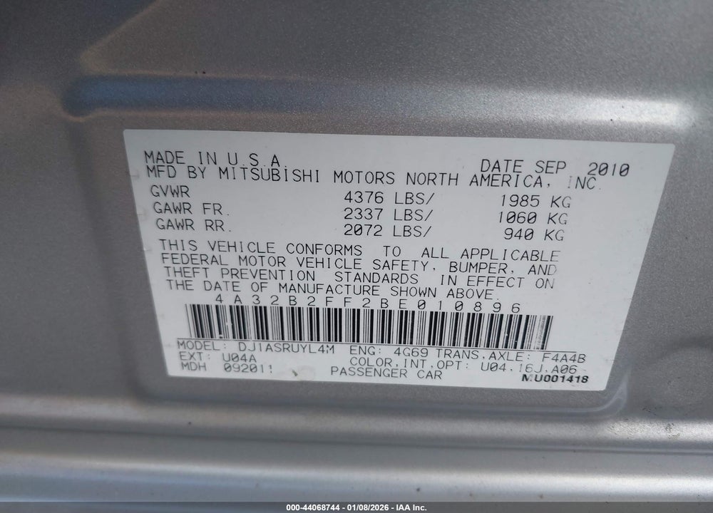2011 MITSUBISHI GALANT FE VIN: 4A32B2FF2BE010896