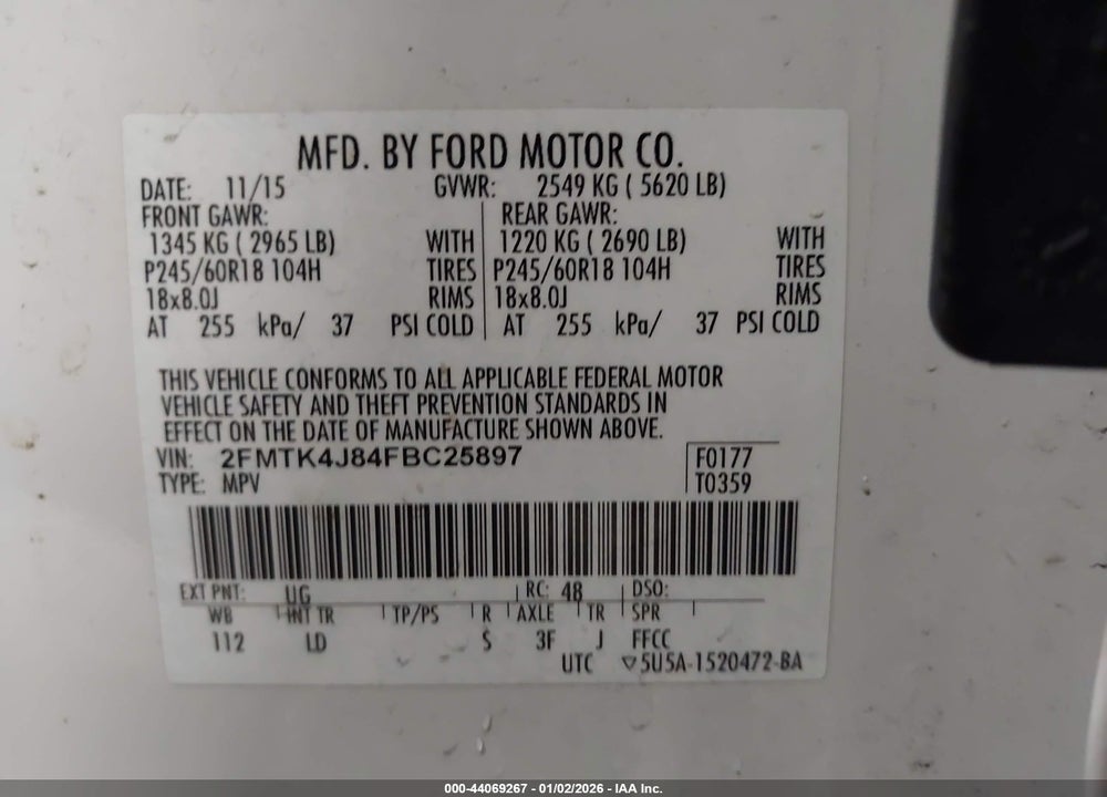 2015 FORD EDGE SEL VIN: 2FMTK4J84FBC25897