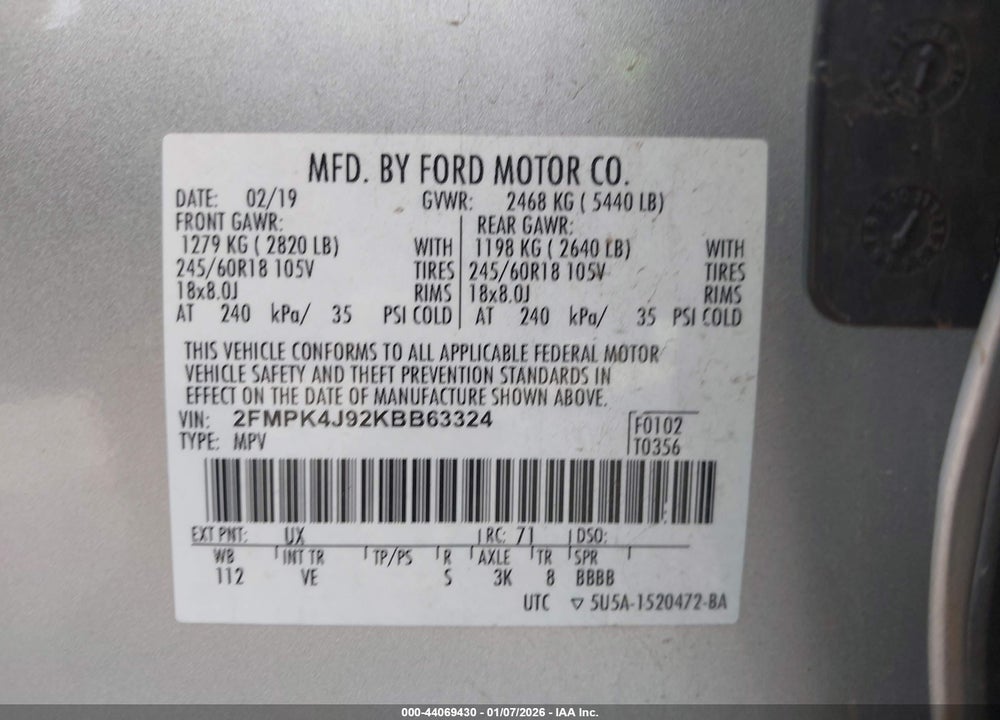 2019 FORD EDGE SEL VIN: 2FMPK4J92KBB63324