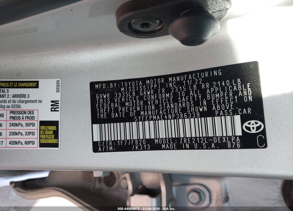 2022 TOYOTA COROLLA LE VIN: 5YFEPMAE4NP386339