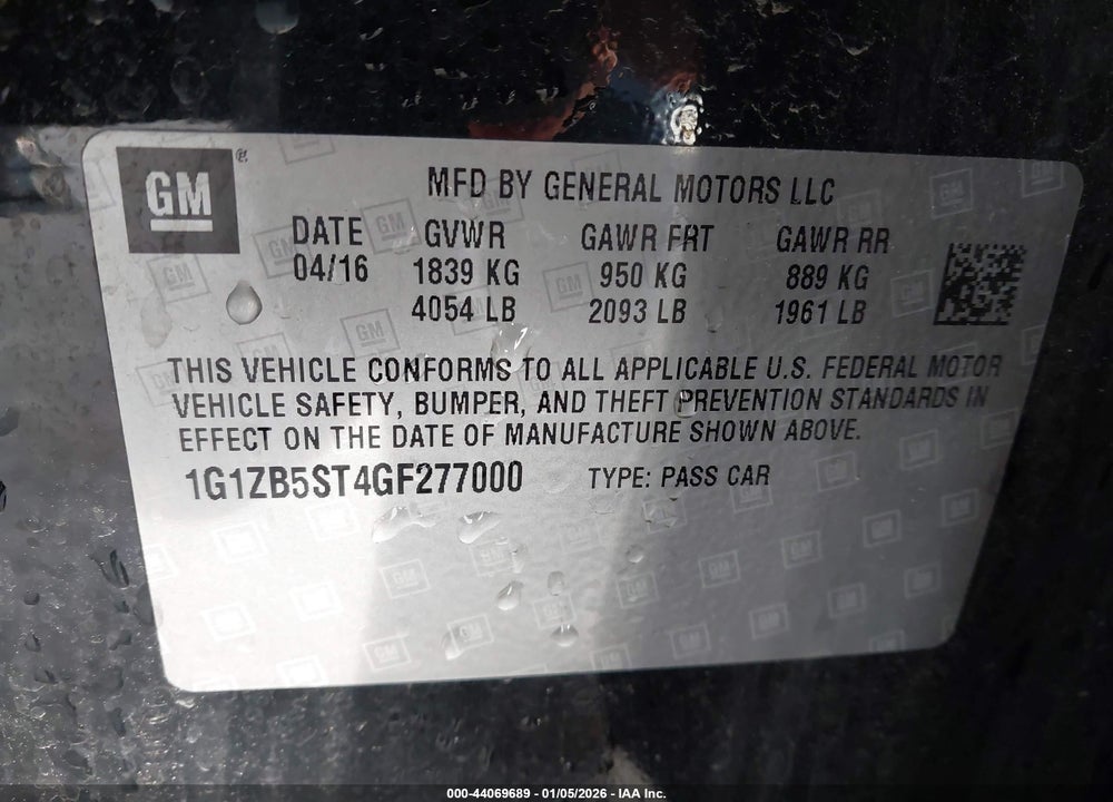 2016 CHEVROLET MALIBU LS VIN: 1G1ZB5ST4GF277000