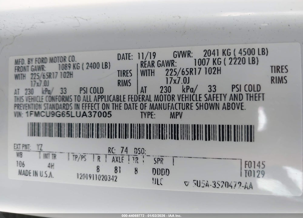2020 FORD ESCAPE SE VIN: 1FMCU9G65LUA37005