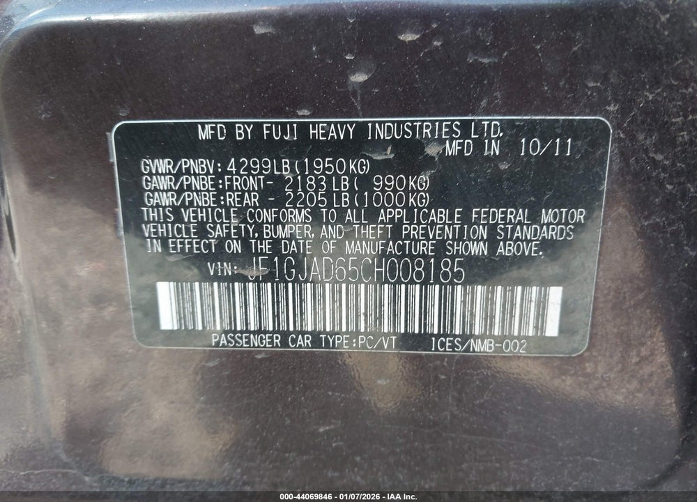 2012 SUBARU IMPREZA 2.0I PREMIUM VIN: JF1GJAD65CH008185