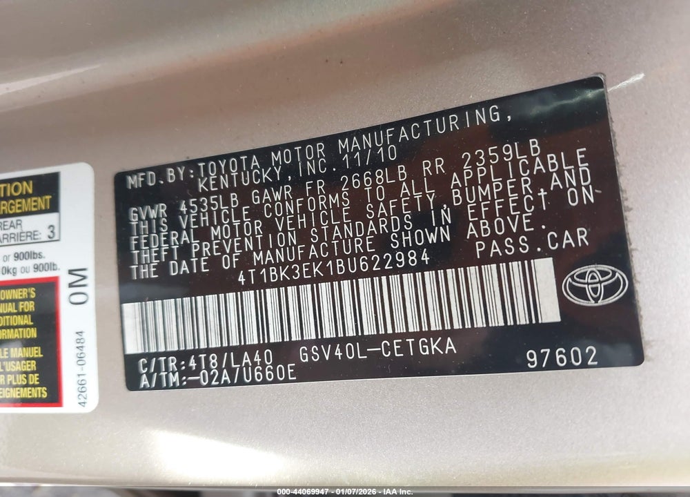 2011 TOYOTA CAMRY XLE V6 VIN: 4T1BK3EK1BU622984