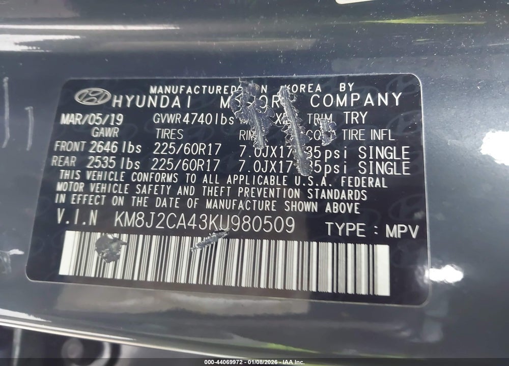 2019 HYUNDAI TUCSON SE VIN: KM8J2CA43KU980509