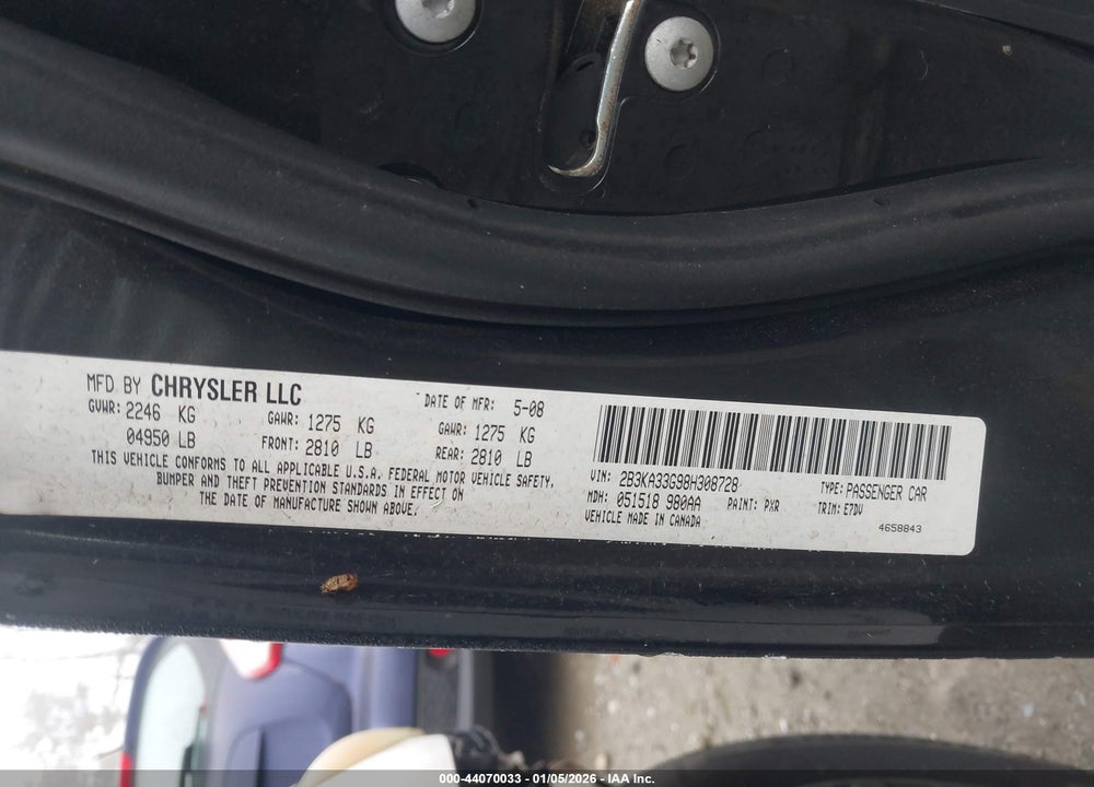 2008 DODGE CHARGER SXT VIN: 2B3KA33G98H308728