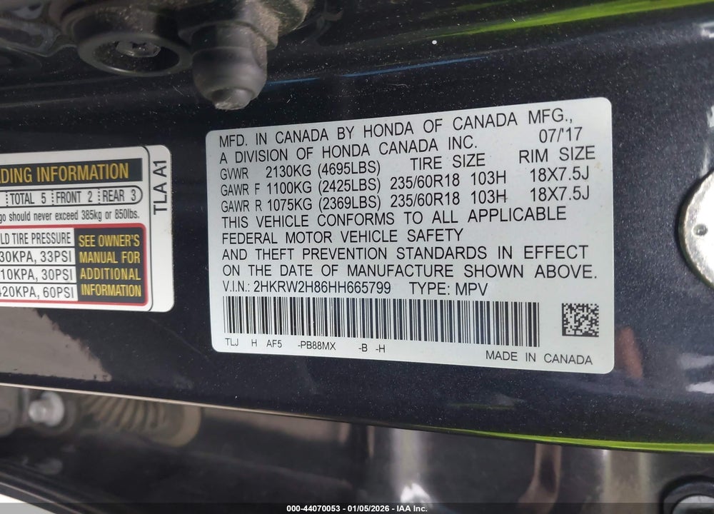 2017 HONDA CR-V VIN: 2HKRW2H86HH665799