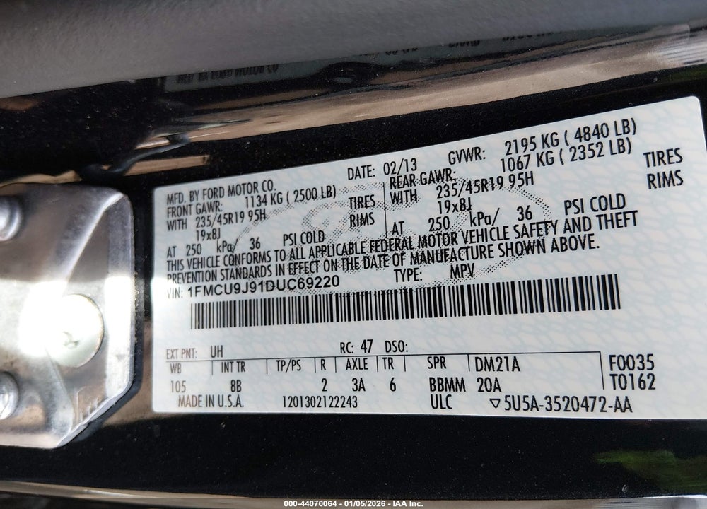 2013 FORD ESCAPE TITANIUM VIN: 1FMCU9J91DUC69220