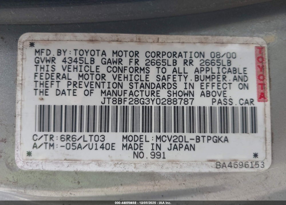 2000 LEXUS ES 300 VIN: JT8BF28G3Y0288787