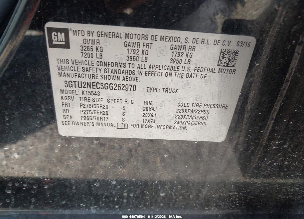 2016 GMC SIERRA 1500 SLT VIN: 3GTU2NEC3GG262970