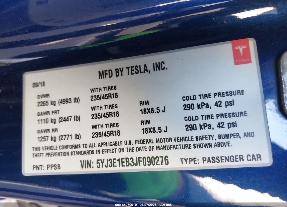 2018 TESLA MODEL 3 LONG RANGE/PERFORMANCE VIN: 5YJ3E1EB3JF090276