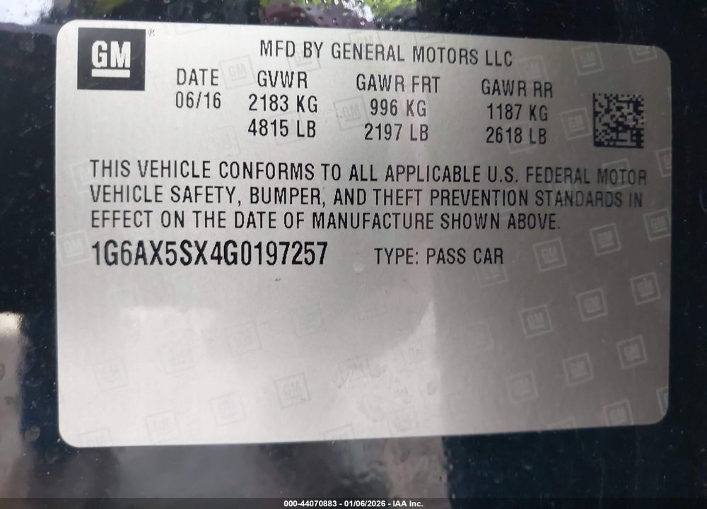 2016 CADILLAC CTS LUXURY COLLECTION VIN: 1G6AX5SX4G0197257