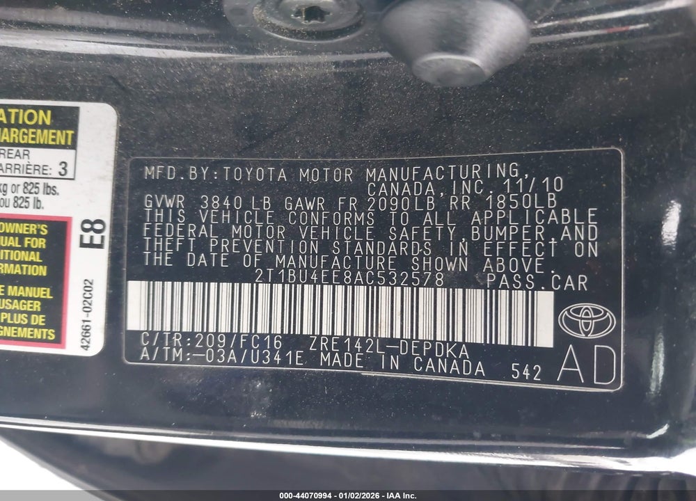 2010 TOYOTA COROLLA LE VIN: 2T1BU4EE8AC532578