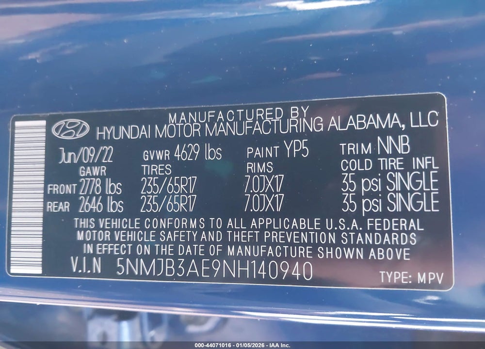 2022 HYUNDAI TUCSON SEL VIN: 5NMJB3AE9NH140940