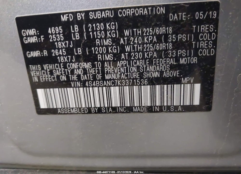 2019 SUBARU OUTBACK 2.5I LIMITED VIN: 4S4BSANC7K3371536