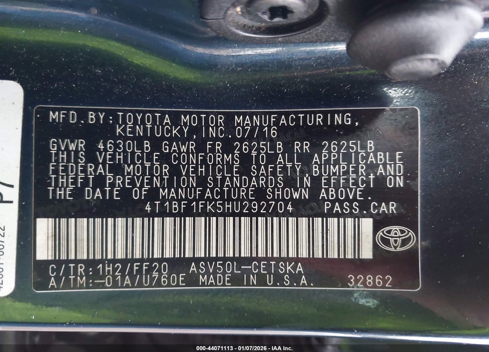 2017 TOYOTA CAMRY SE VIN: 4T1BF1FK5HU292704