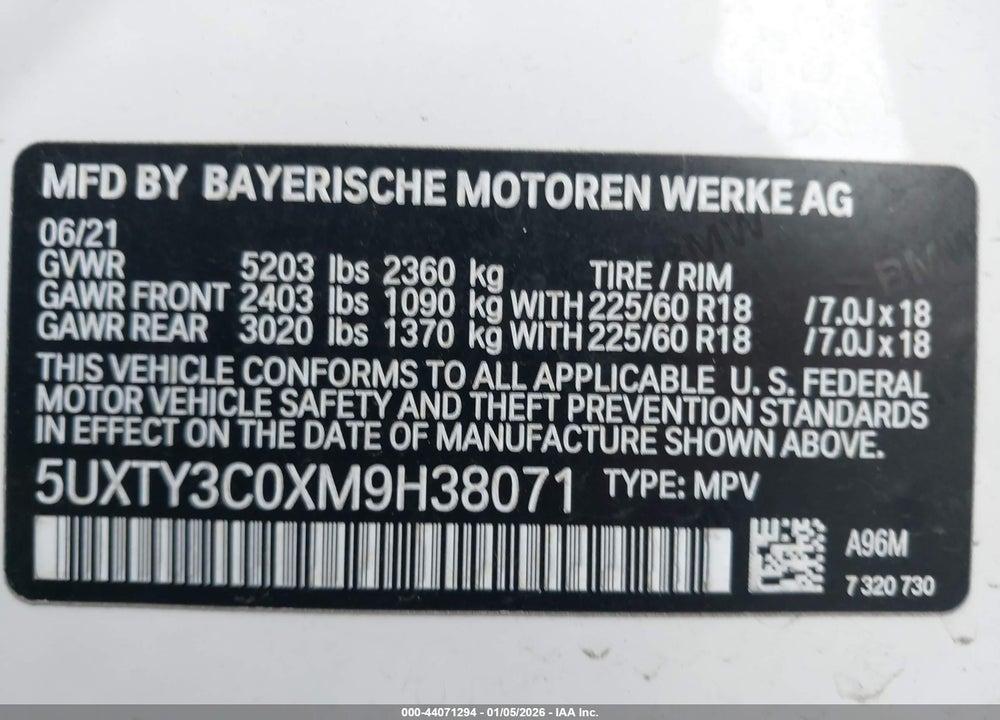 2021 BMW X3 SDRIVE30I VIN: 5UXTY3C0XM9H38071