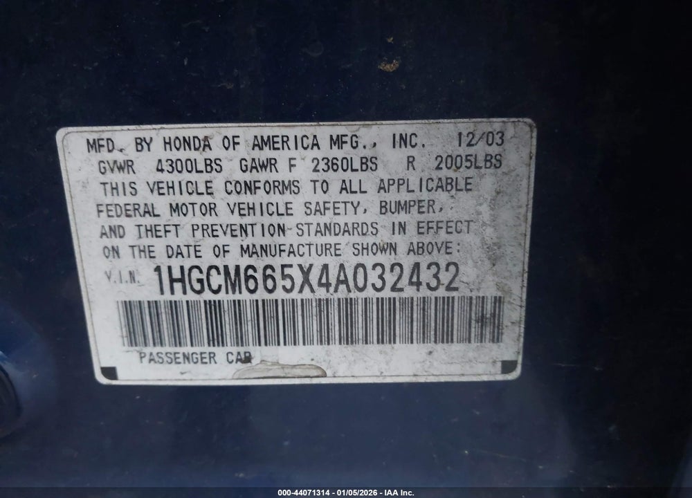 2004 HONDA ACCORD 3.0 EX VIN: 1HGCM665X4A032432