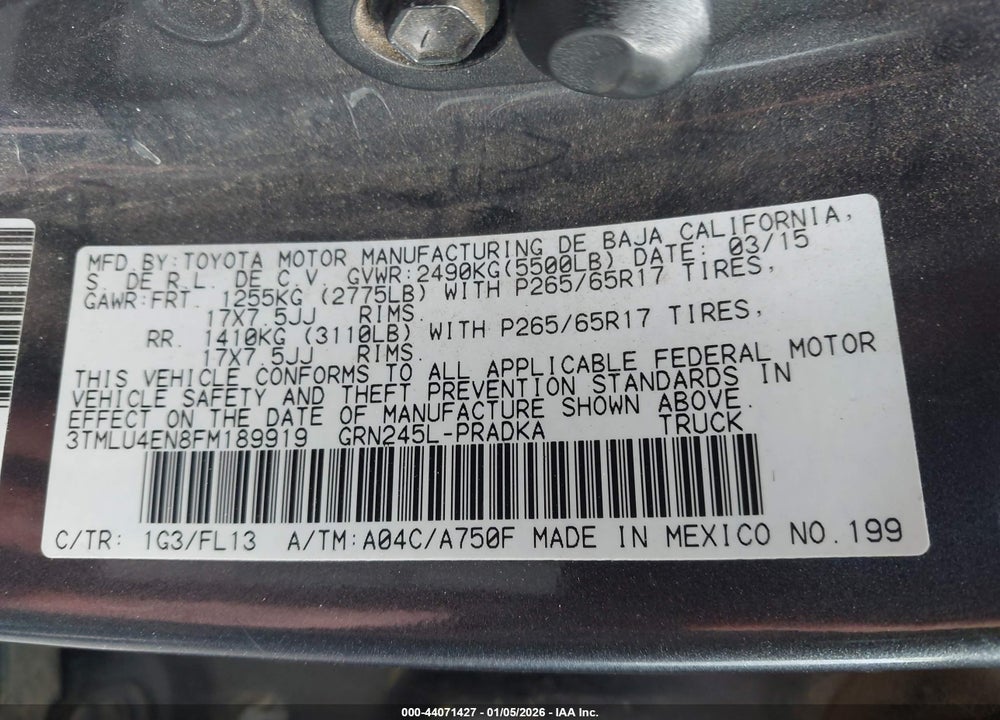 2015 TOYOTA TACOMA BASE V6 VIN: 3TMLU4EN8FM189919
