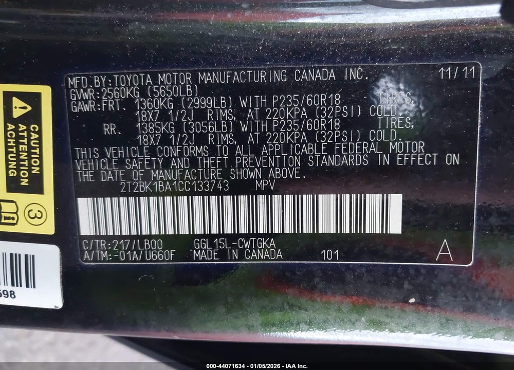 2012 LEXUS RX 350 VIN: 2T2BK1BA1CC133743