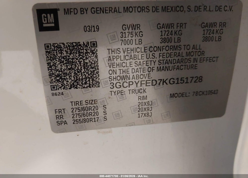 2019 CHEVROLET SILVERADO 1500 LT TRAIL BOSS VIN: 3GCPYFED7KG151728