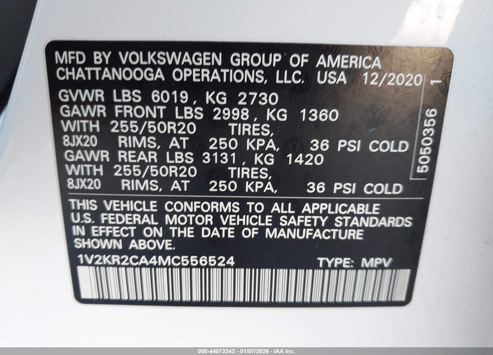 2021 VOLKSWAGEN ATLAS 3.6L V6 SE W/TECHNOLOGY VIN: 1V2KR2CA4MC556524