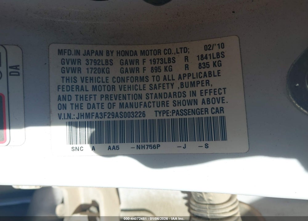 2010 HONDA CIVIC HYBRID VIN: JHMFA3F29AS003226