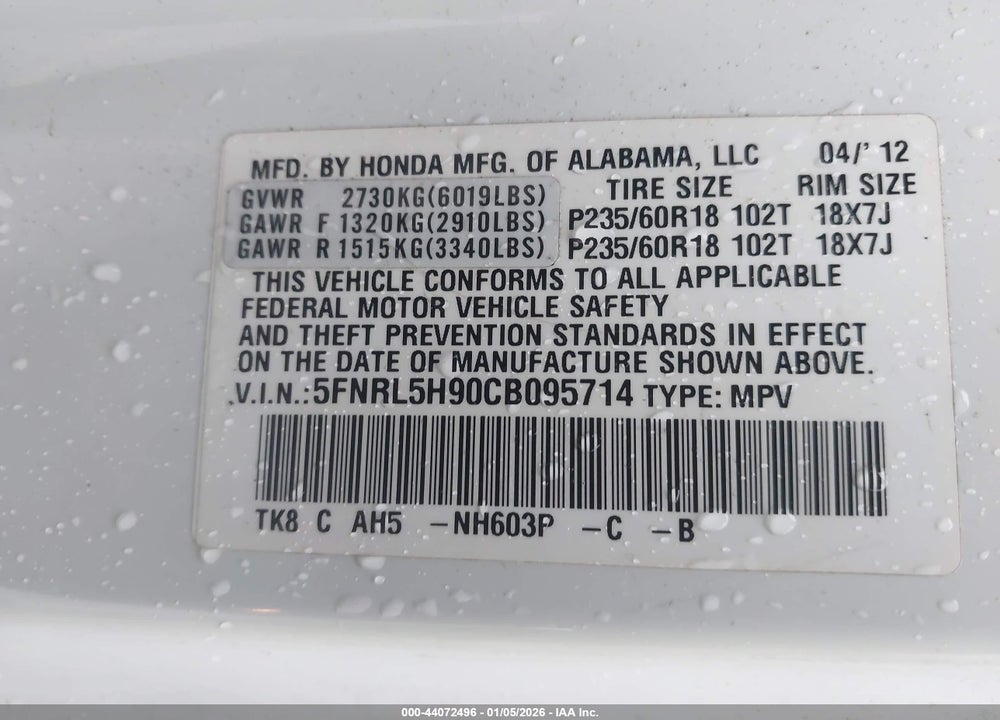2012 HONDA ODYSSEY TOURING/TOURING ELITE VIN: 5FNRL5H90CB095714